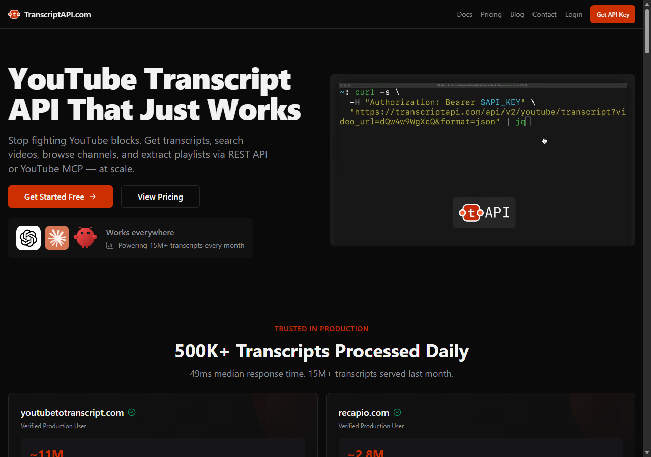 TranscriptAPI.com homepage